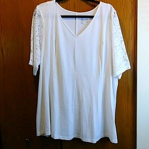 Denim & Co white tee with lace Embellished sleeves